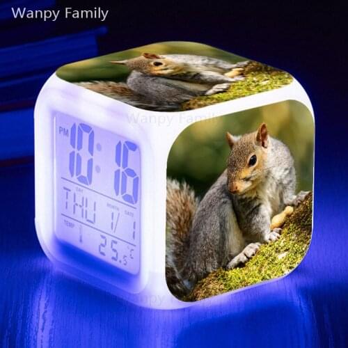Squirrel LED Alarm Clock 7 Color Illuminated Digital Clock Large Screen Multifunctional Childrens Room Electronic Clock
