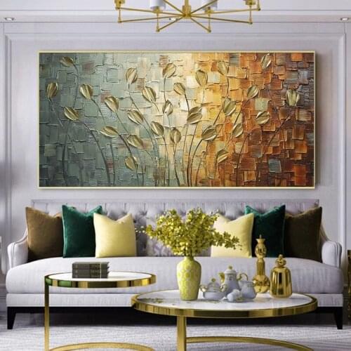 Nordic Abstract Golden Leaves Flowers Oil Painting on Canvas Wall Pictures for Living Room Wall Art Posters Prints Home Cuadros
