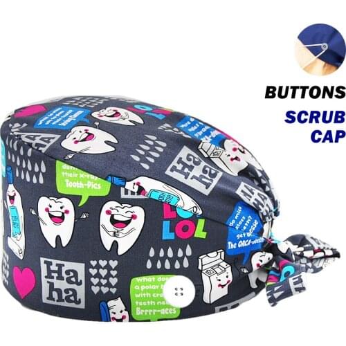 Wholesale New Scrubs Caps Cotton Teeth Printing Adjustable Nursing Hat Beauty Salon Pet Shop Working Accessories Women Scrub Cap