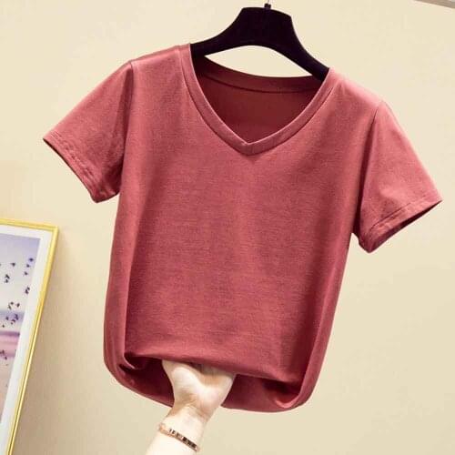 Basic Cotton T Shirt Women V Neck Top Women Casual Clothes Solid Color T Shirt Short Sleeve Summer Plus Size Sexy Tops Tee