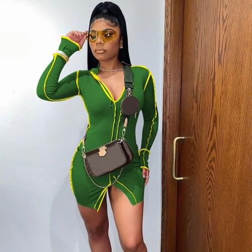 Striped Patchwork Casual Mini Dresses for Women V-neck Long Sleeve Sheath Slit Clubwear Bodycon Party Dress Vestido De Mulher