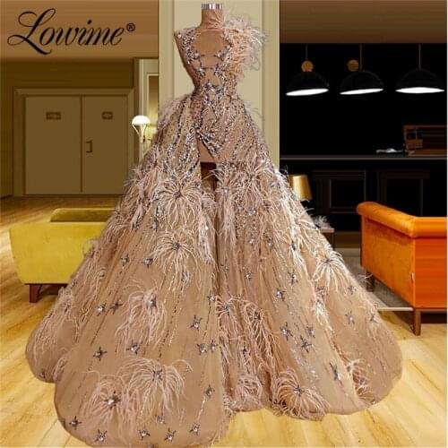 Luxury Evening Dresses Islamic Turkish Party Gowns Dubai Arabic 2021 Plus Size Feather Beaded Crystals Prom Dress Robe De Soiree