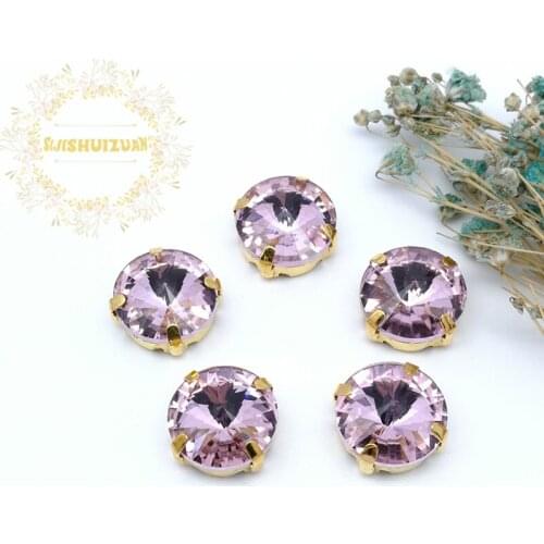 Pink ROUND Glass Crystal sew on rhinestones with gold claw Diy wedding dress accessories Free shipping