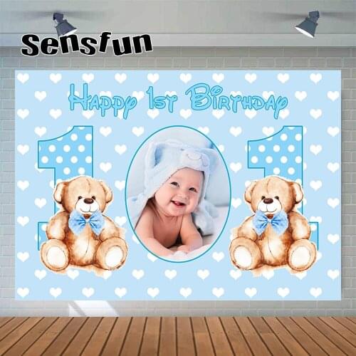 Sensfun Blue Little Boy 1st Birthday Party Backdrop For Photography Bear Baby Shower Newborn Background Customized Photos Text