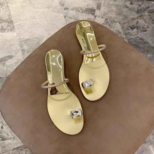 2021 summer new Rhinestone thin belt with clip toe sandal set toe flat bottom flat heel womens slippers
