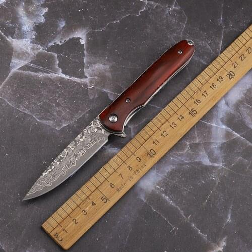 Folding Damascus Blade Red Rosewood + Steel Handle Tactical Outdoor Camping Hunting Fishing Pocket Fruit EDC Knife