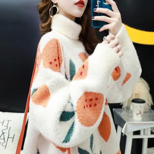Womens Turtleneck Sweater 2021 Autumn Winter Korean Fashion Wild Fruit Pattern Design Loose Plus Velvet Thick Knit Pullovers