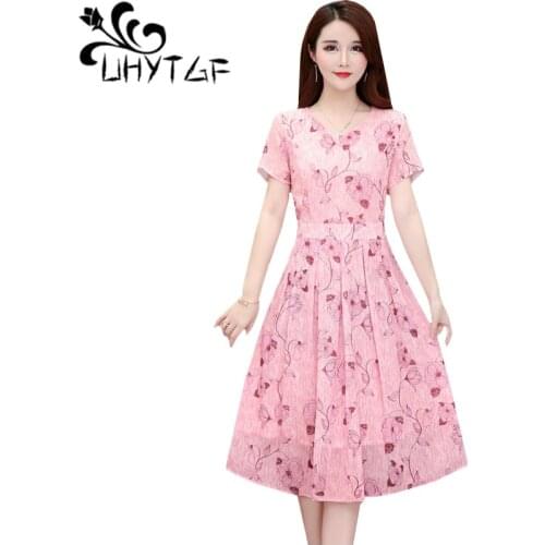 UHYTGF Elegant mom summer dress fashion printed thin chiffon dress V-neck pullover short sleeve slim plus size dresses women 834