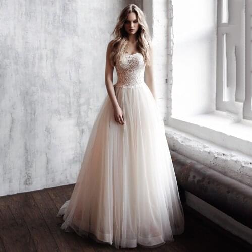 UZN New Arrival Champagne A Line Lace Wedding Dress Sweetheart Lace Up Corset Bridal Gowns Vestido De Novia