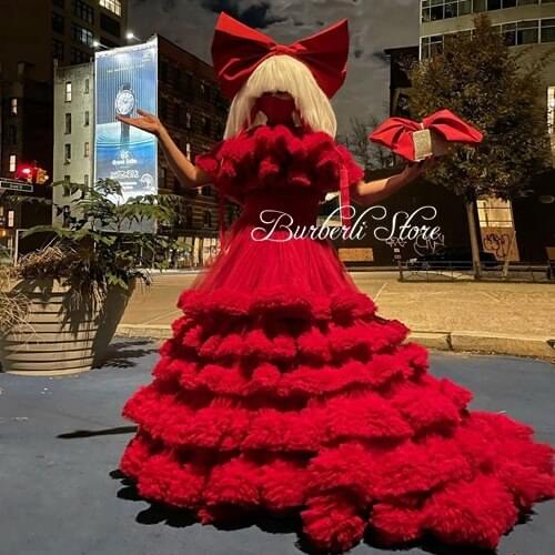 Gorgeous Lush Red Ruffles Tulle Prom Gowns Elegant A-line Puffy Tulle Formal Party Dresses Women Bridal Dress