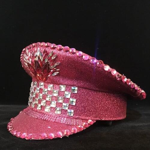 Women Military Hat Rhinestone Festival Hat DJ Gogo Dancer Captain Hat Halloween Costume Cosplay Party Yacht Week Sergeant Hat