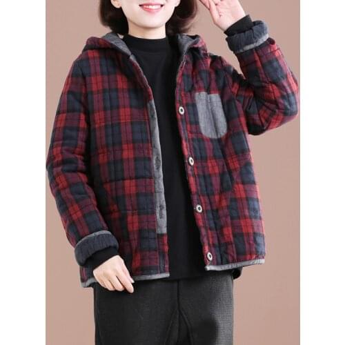 Aransue Winter Jacket Women New Korean Fashion Coat Loose Large Cotton Veste Casual Hooded Short Design Plaid Top