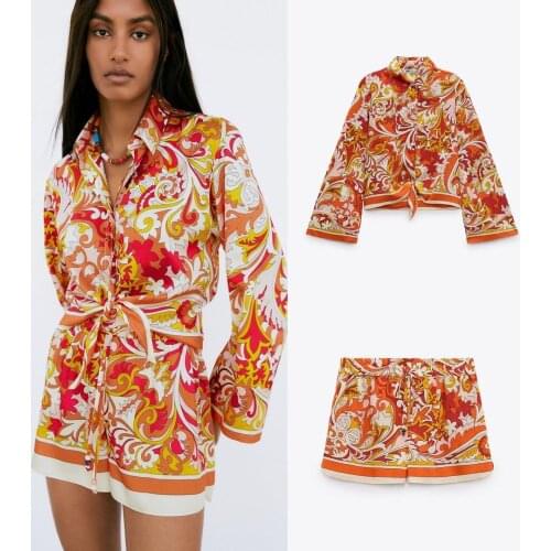 Womens 2021 summer two piece fashion knot print Vintage high elastic waist drawcord Za womens street Shorts Set