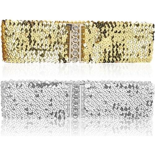 Womens Cool Punk Sparkling Sequins Elastic Stretch Wide Waistband Waist Belt
