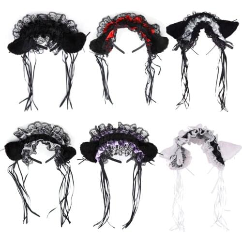 Women Ruffles Lace Headband Plush Cut Cat Ears Ribbon Bell Lolita Cosplay Hair Hoop