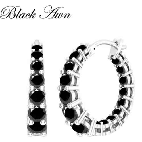 Black Awn New Classic 925 Sterling Silver Round Black Trendy Spinel Engagement Hoop Earrings for Women Fine Jewelry I186