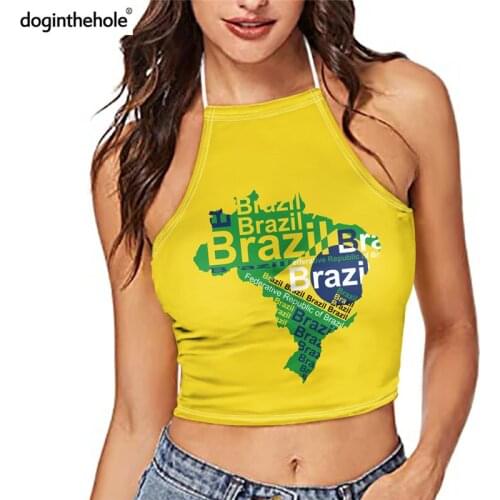 Doginthehole Yellow Brazil Map Design Women Summer Sexy Crop Tops Backless Strap Tank Teen Girls Stylish Navel Tunic Streetwear