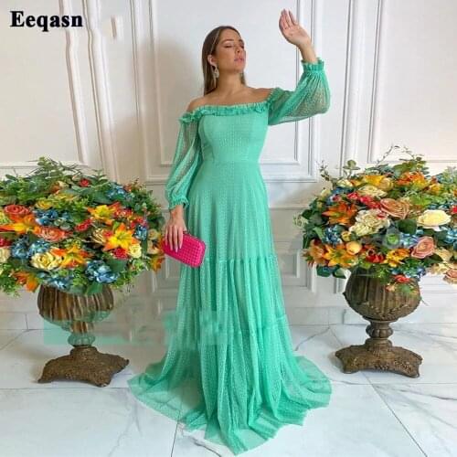 Eeqasn Mint Green African Evening Dresses Tiered Dotted Tulle Long Sleeves Prom Gowns Off Shoulder Womens Formal Party Dress