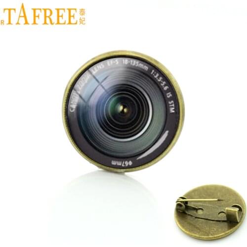 TAFREE Photography camera lens brooches DSLR Lenses Art Picture Glass Cabochon Dome vintage Popular men women Luxury Pins T371