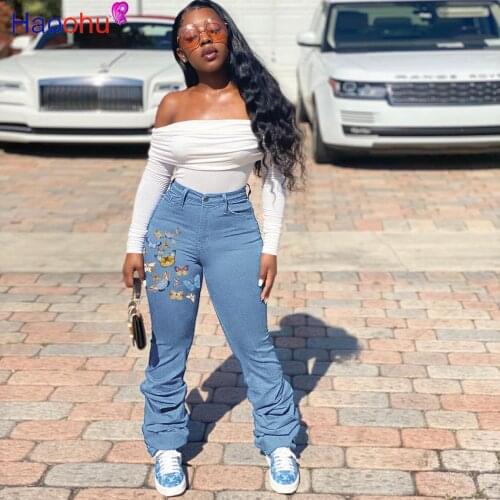 HAOOHU Stacked Jeans Women High Waist Bodycon Stretch Plus Size 5XL Flared Denim Boyfriend Butterfly Pants