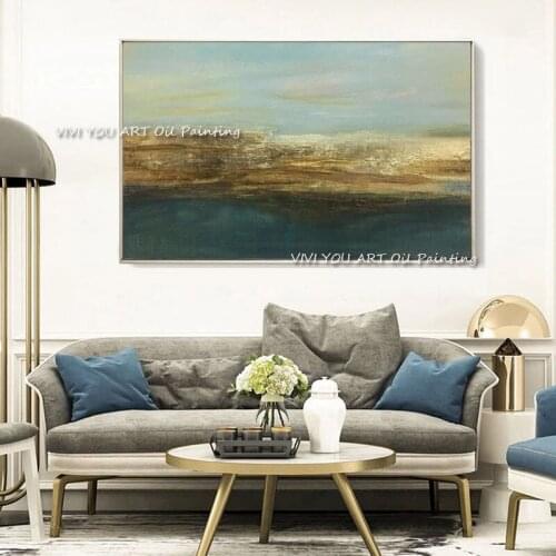 Sea Level Blue Handmade Large Wall Art Dark Blue Sky Oil Painting Landscape Large Ocean Canvas Painting For Home Decoration
