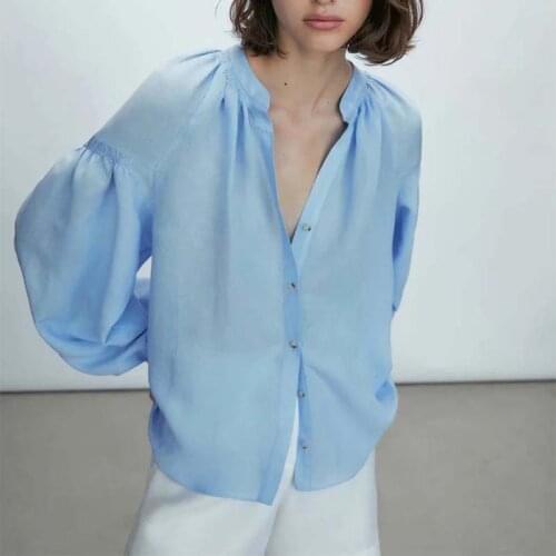 Klkxmyt Za Womens Shirt New Ruched Long Sleeve Summer Blouse Button Up Vintage Shirts Woman 2021 Female Loose Casual Tops