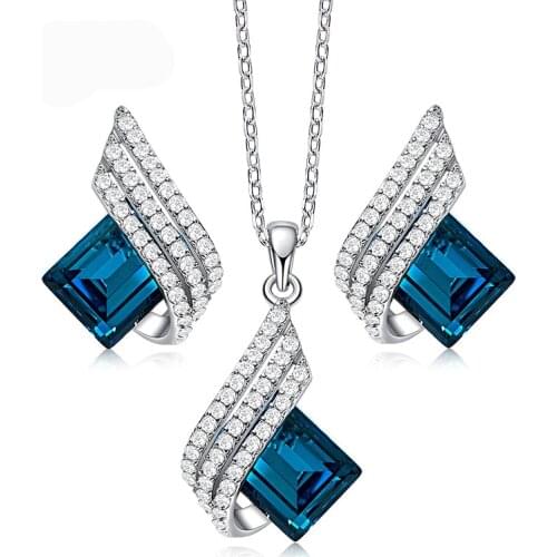 COCOM 925 Sterling Silver Angel Wing Crystal Jewelry Set Geometric Office Lady Fashion Necklace and Earrings for Women or Girls