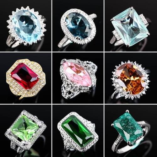 Fashion Geometric Big Rhinestone Wedding Rings for Women Classic Engagement Party Silver Color Zircon Finger Ring Jewelry Gift