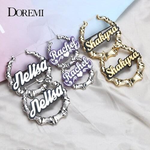 DOREMI Trendy Acrylic Custom Name Earrings Stainless Bamboo Hip Hop Round Earring Female Personality Color Acrylic Earrings Gift