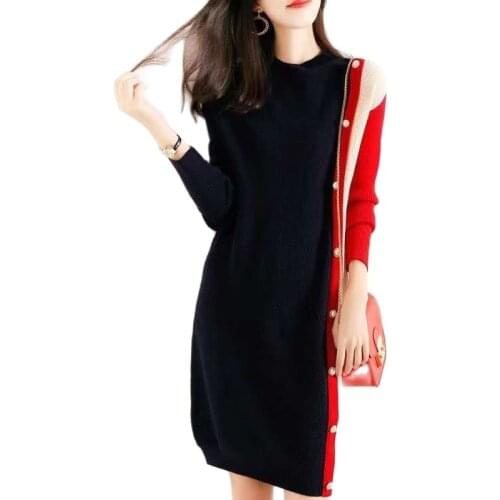 Retro dress 2021 autumn new loose and thin mid-length color matching knitted dress Korean fashion womens clothing