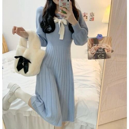 French Slim Knitted Dress Women 2021 Spring Long Sleeve Kawaii One Piece Dress Korean Bow Elegant Sweater Vintage Dress Ladies