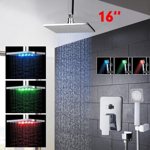 Senior Luxury 16 INCH LED Waterfall Shower Rain Shower Head Arm Polished Chrome Single Handle Set Faucet Bathroom Wall Mounted