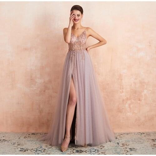 Sexy Spaghetti Straps Evening Dresses 2021 New Arrival V-Neck Rhinestones Beading Formal Prom Gowns with Slit robe de soiree
