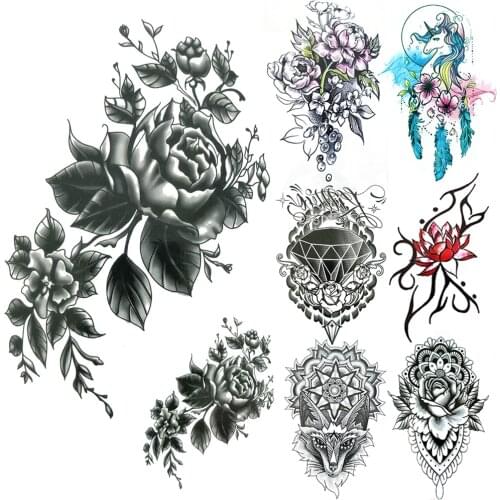 Black Jasmine Fake Temporary Tattoos For Women Mandala Henna Lily Flower Tattoo Geometric Lion Diamond Unicorn Lotus Tatoo Chest