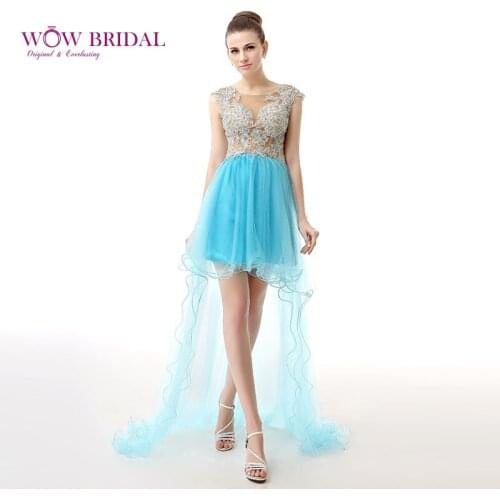 Wowbridal Blue High Low Homecoming Dresses 2021 New Lace Zipper Scoop Junior High Cute 8th Grade Graduation Dresses SH0018
