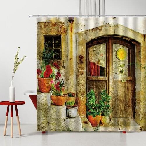 Shower Curtain Retro Wood Grain Door Brick Stone Wall Rose Flower Green Plants Pattern European Style Bathroom Decor With Hooks