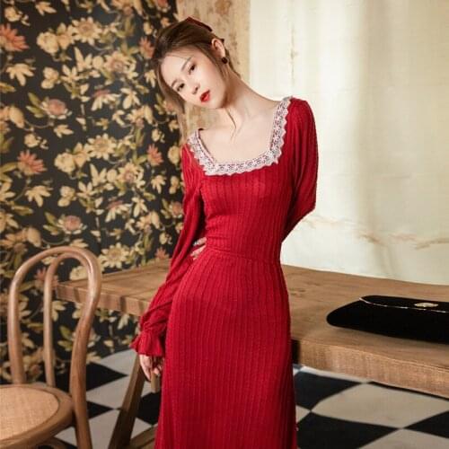 Lace Halter Ladies High Waist Beaded Sexy Red Robe Femme Knit Dress Spring Autumn Pearl Split Slim Square Neck Temperament Dress