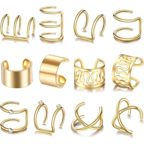 12pcs Fashion Gold Star Leaves Non-Piercing Ear Clip Earrings For Women Simple Fake Cartilage Ear Cuff Jewelry Clip Accessories