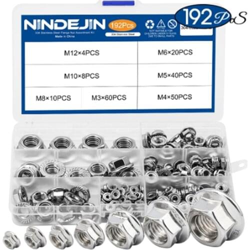192pcs 304 Stainless Steel Hexagon Flange Nut Set M2 M2.5 M3 M4 M5 M6 M8 M10 M12 Assortment Box Hardware Fasteners