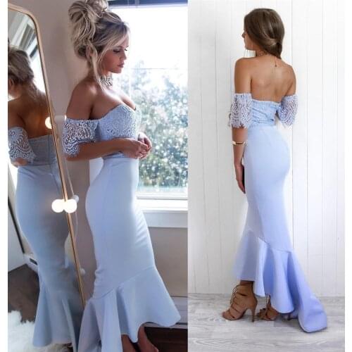 2019 Guest Wedding Party Dress Blue Lace Ruffle Bridesmaid Dress Elegant Off Shoulder Mermaid Bridesmaid Gown vestido para festa