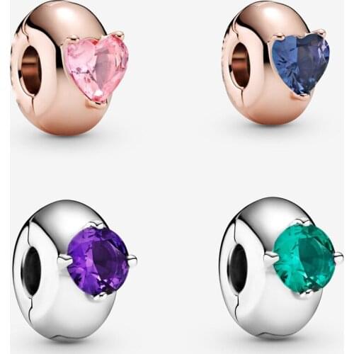 2021 New style 925 Sterling Silver Green Round Solitaire Clip Charm Fit Pandora Bracelet Pink Heart Solitaire Clip DIY Jewelry