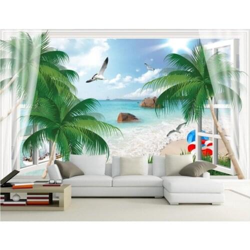 Custom 3d wallpaper 3d wall murals wallpaper Mediterranean mural 3D Window Seaview 3D Seagull Coconut Tree Beautiful TV Wall