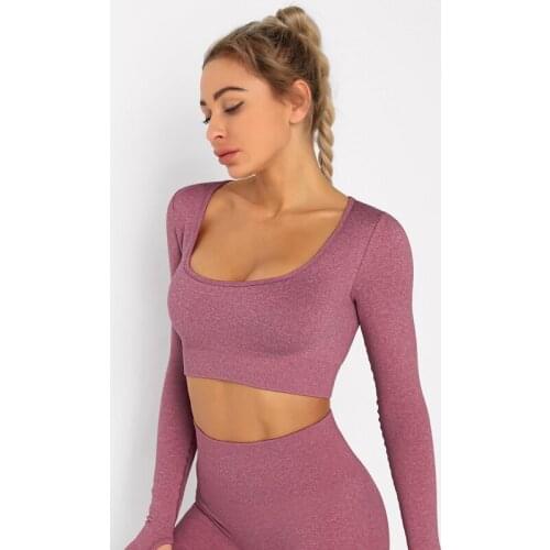 Seamless Sexy Gym Yoga Tops Quick Dry Solid Color Sports Tops High Elastic Slim Breathable Fitness Tops Women Running Yoga Shirt