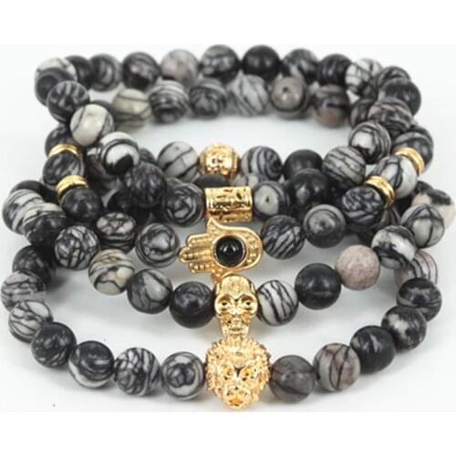 Natural Spider Web Statement Stone Beads Bracelet Skull Bracelets Men Jewelry Fashion Lion Head Bracelet