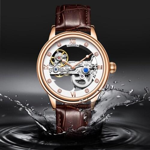 GUANQIN Mens Watches Top Brand Luxury Leather Mechanical Watch Men Automatic Tourbillon Waterproof Skeleton Watches Montre Homme