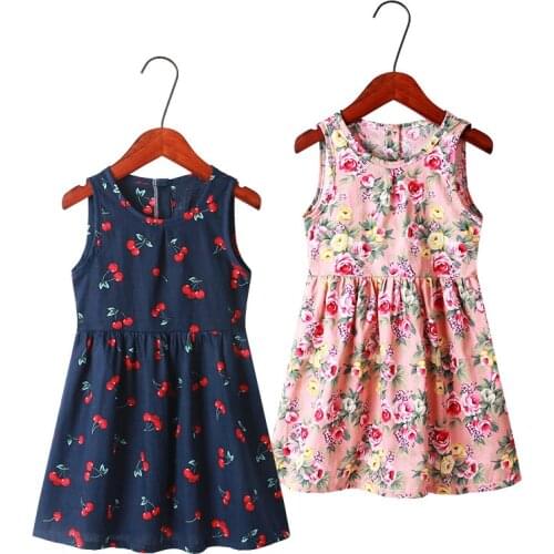 Spring New Girls Summer Dress Cherry Print Buttons Korean Cotton Sleeveless Vest Childrens Dress Casual Floral Kids Dresses