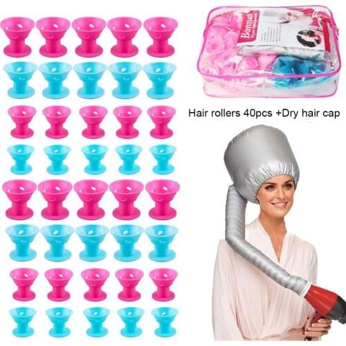 40 Pcs Hair Rollers Silicone Blue And Pink Hair Curlers Set With 1 Bonnet Hood Hairdryer Hair Dye Hairs Modelling Heating Warm