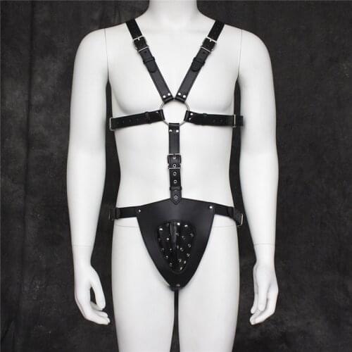 Fetish Men Leather Chastity Pants Male Body Bondage Harness Cage Erotic Pole Dance Jumpsuits Sexy Sissy Pouch Pants for BDSM Gay