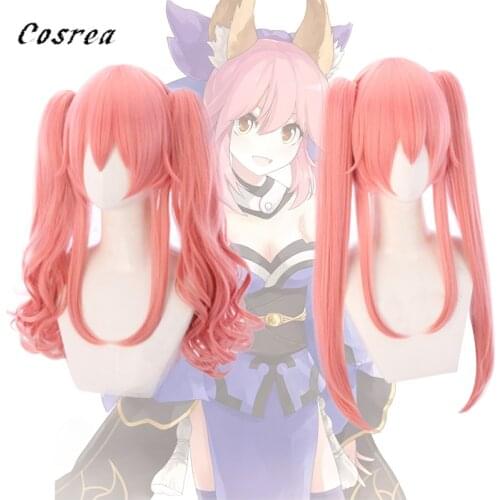 FGO Fate Grand Order EXTRA Tamamo No Mae Cosplay Wigs Long Pink Ponytails Curly Wig Heat Resistant Synthetic Hair Wig for Women