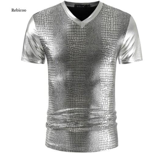 Men Sexy Metallic Snake Pattern T Shirt New Disco Party Glitter Tshirts Men Tee Shirt Homme Stage Prom 3Xl